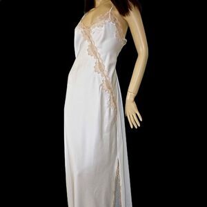 VTG SHINY WHITE SATIN BEIGE LACE FLORAL LONG NIGHTGOWN THIN STRAP -MISS ELAINE-